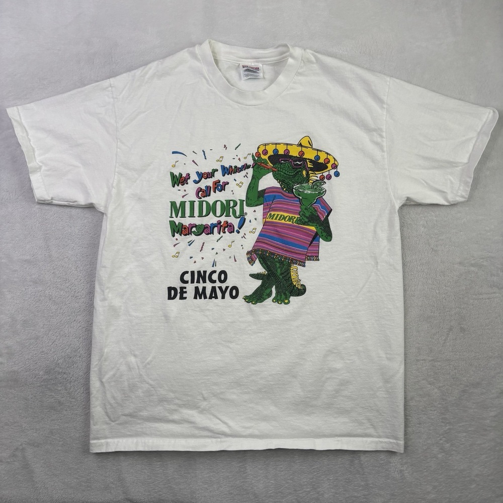 VTG Hanes Midori Cinco De Mayo White Short Sleeve Graphic Shirt Promo Men's LG